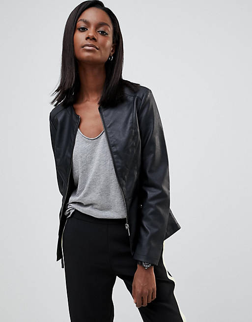 Oasis Faux Leather Collarless Jacket | ASOS