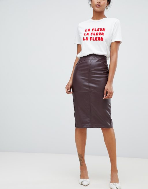 Oasis faux leather pencil skirt in burgundy