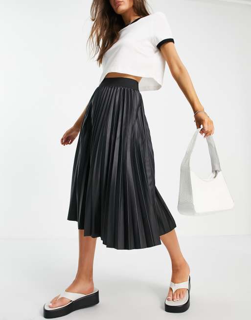 Oasis faux leather pleated midi skirt in black