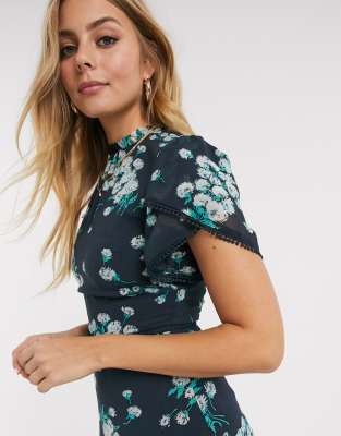 oasis high neck midi dress in blue floral