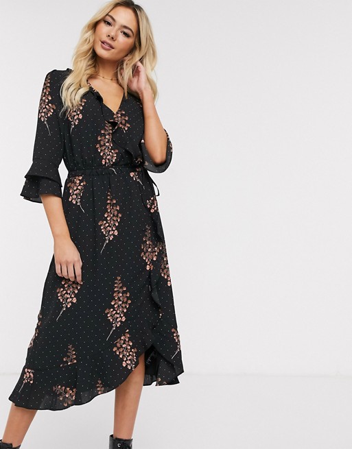 Oasis floral print midi dress with flute sleeves in black