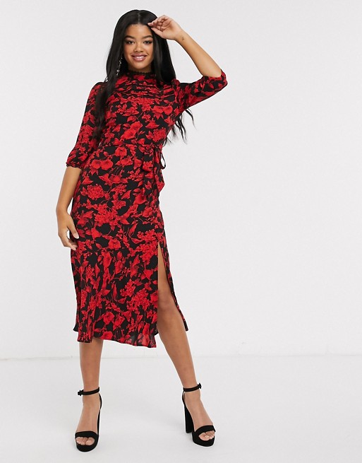 Oasis floral print midi dress with puff sleeves red
