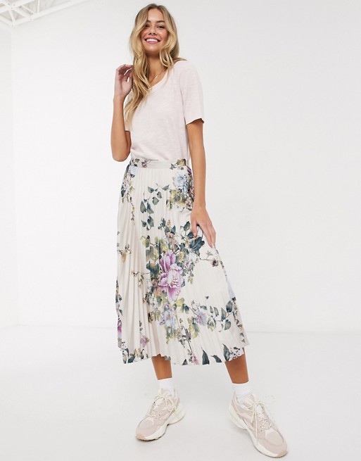 Oasis floral print satin midi skirt in cream