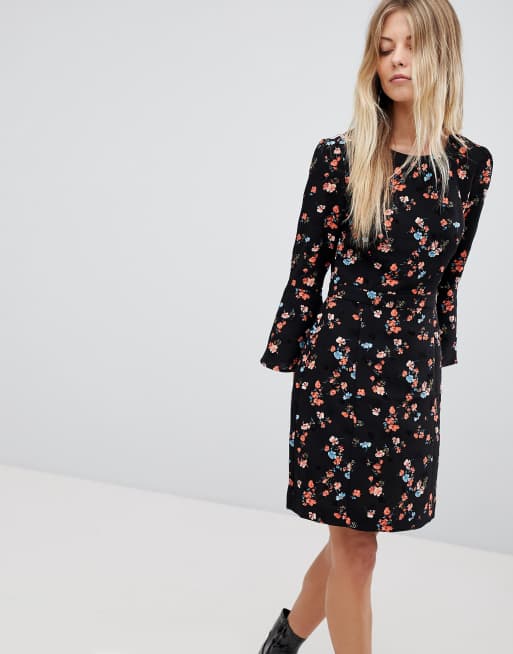 Oasis Floral Printed Fluted Sleeve Midi Dress ASOS