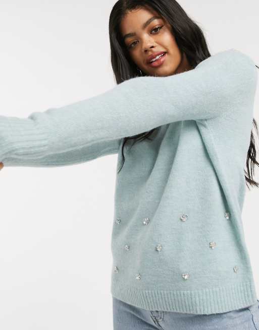 Oasis fluffy embellished jumper in mint ASOS