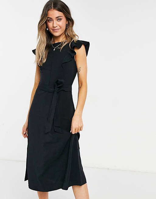 Oasis frill sleeve midi dress in black | ASOS