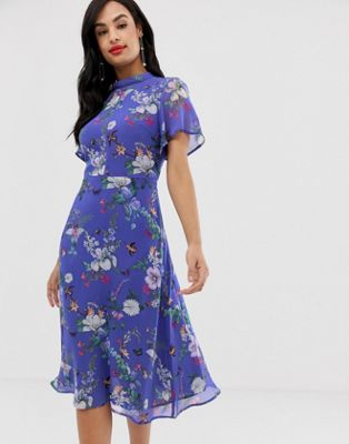 Oasis high neck midi dress in blue 