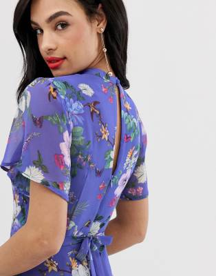 oasis high neck midi dress in blue floral