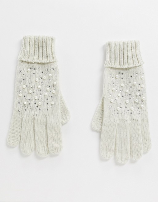 Oasis Hotfix gloves with pearl detail in cream