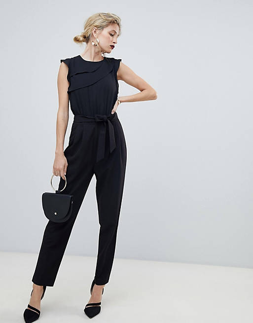 Oasis jumpsuit with frill detail in black | ASOS