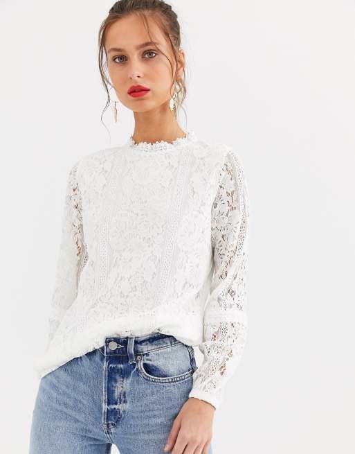 tactiek lunch zwaar Oasis - Kanten blouse in crème | ASOS