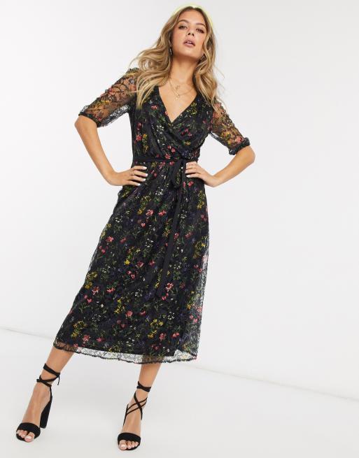 Oasis lace floral midi dress with in black | ASOS