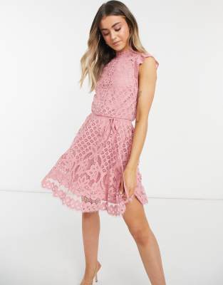 Oasis lace skater dress in pale pink | ASOS