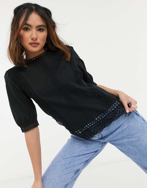 Oasis lace trim poplin top in black | ASOS