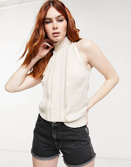 Oasis lace trim shirred neck top in neutral