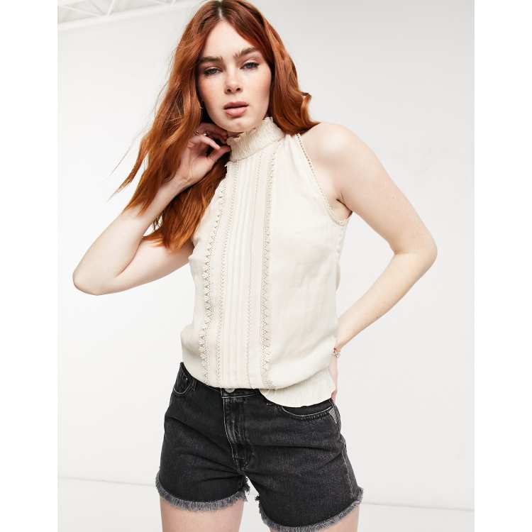Oasis lace trim shirred neck top in neutral ASOS