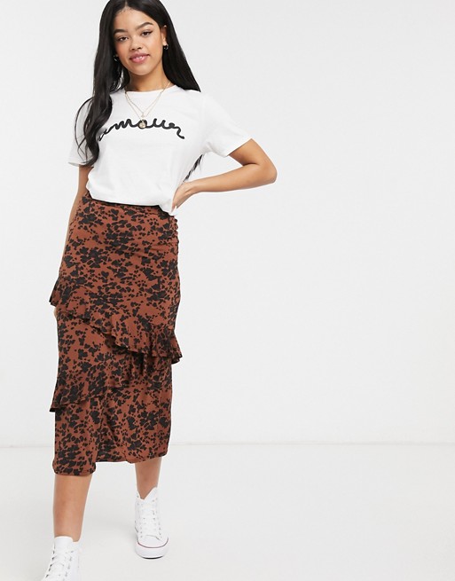 Oasis leopard heart print tiered midi skirt in brown