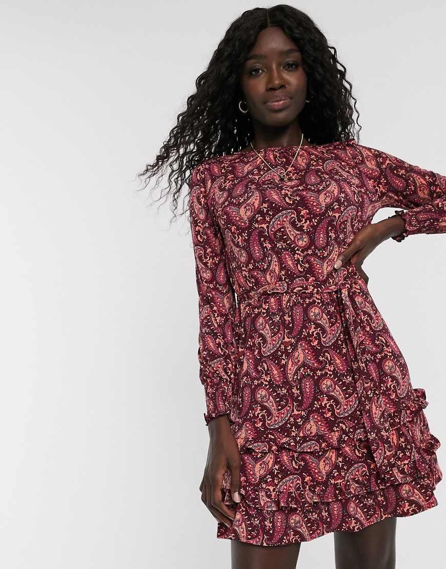 Oasis long sleeved dress with frill hem in paisley print-Multi