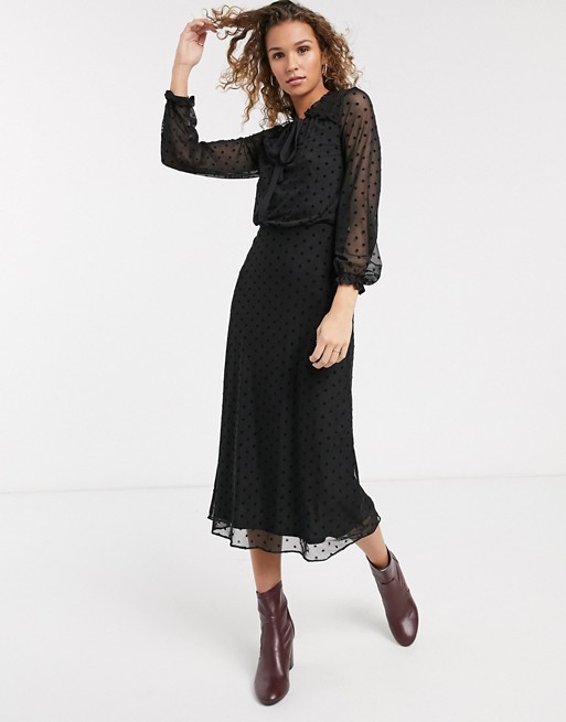 Oasis mesh midi dress with pussybow tie in black
