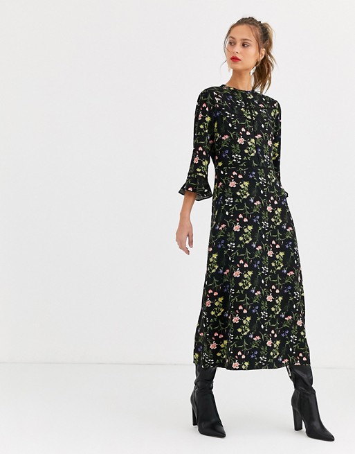 Oasis midi dress with frill sleeves in floral print