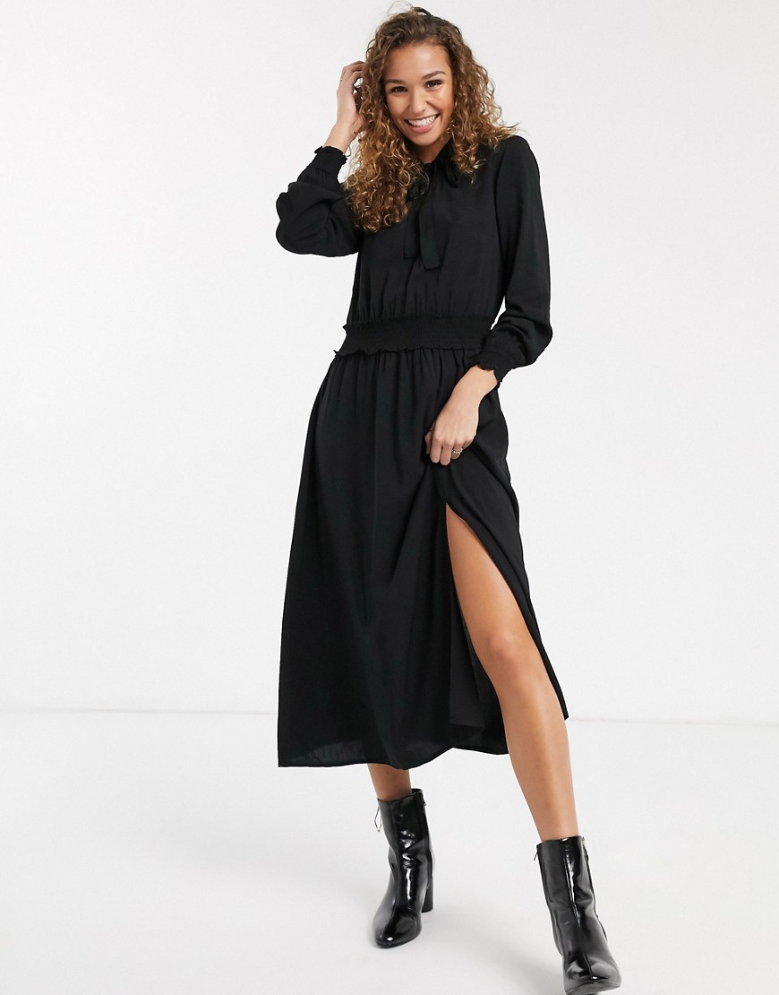Oasis midi dress with pussybow collar in black