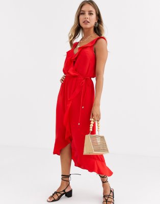 red midi ruffle dress