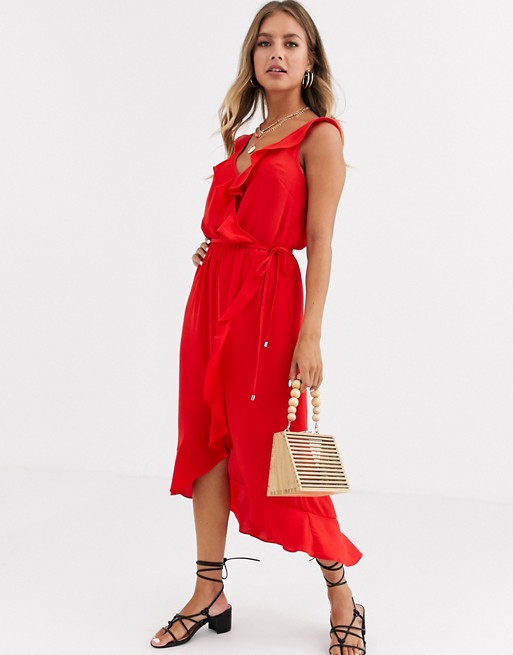 Oasis midi dress with ruffles in red