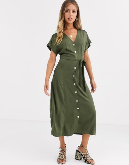 Oasis midi dress with self belt in khaki