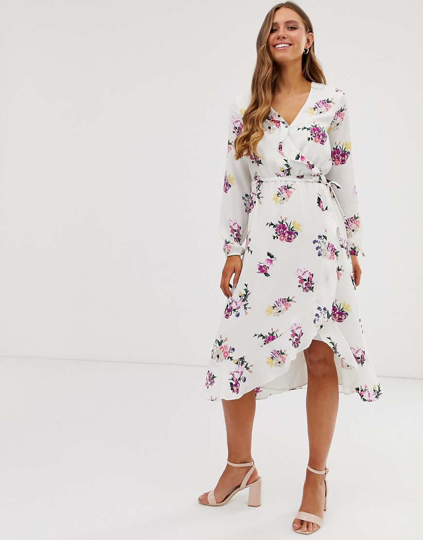 Oasis midi wrap dress with long sleeves in white floral print-Multi