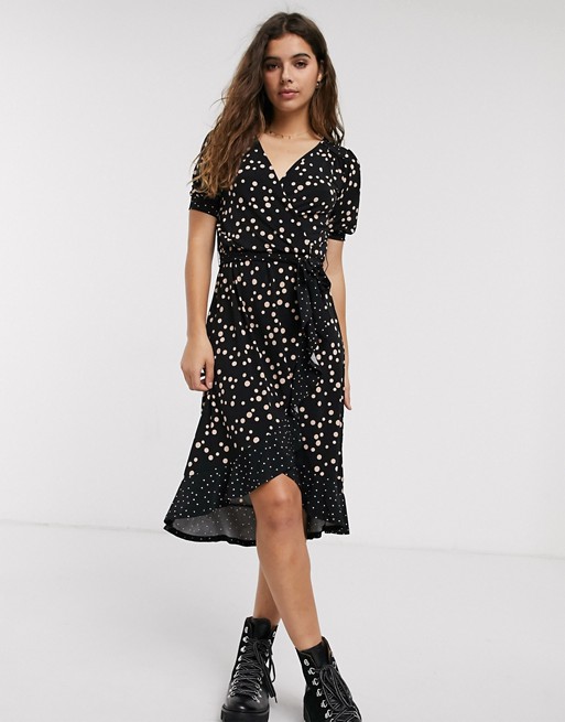Oasis midi wrap dress with ruffles in polka dot