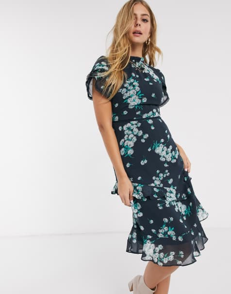 Oasis – Mit Rüschen verziertes, blaues Midikleid mit Blumenmuster