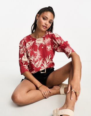 Oasis palm print top in red