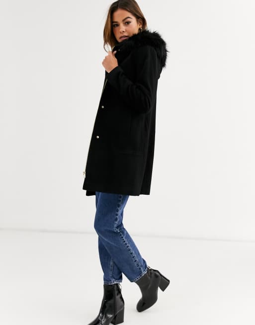 Oasis parka with faux fur trim hood in black ASOS