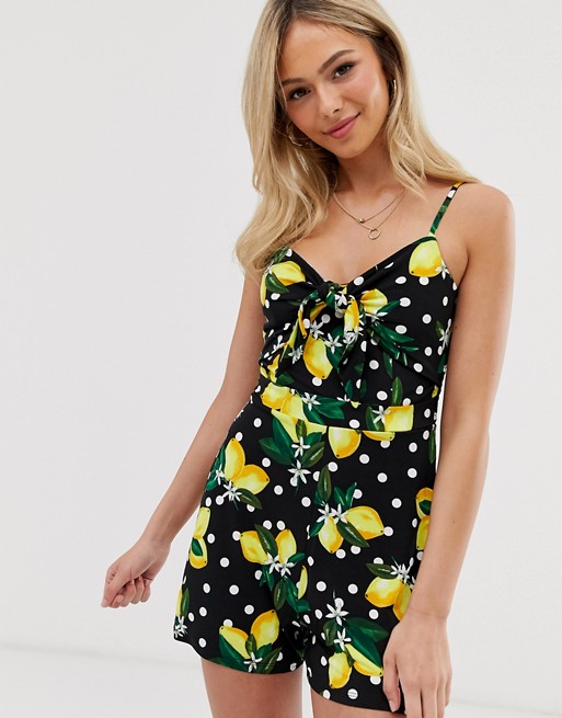Oasis playsuit with knot front in lemon print