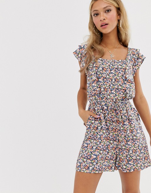 Oasis playsuit with square neck in ditsy floral print