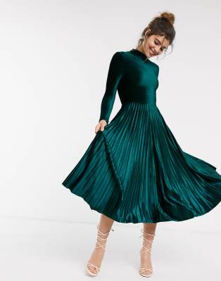 asos green velvet pleated dress