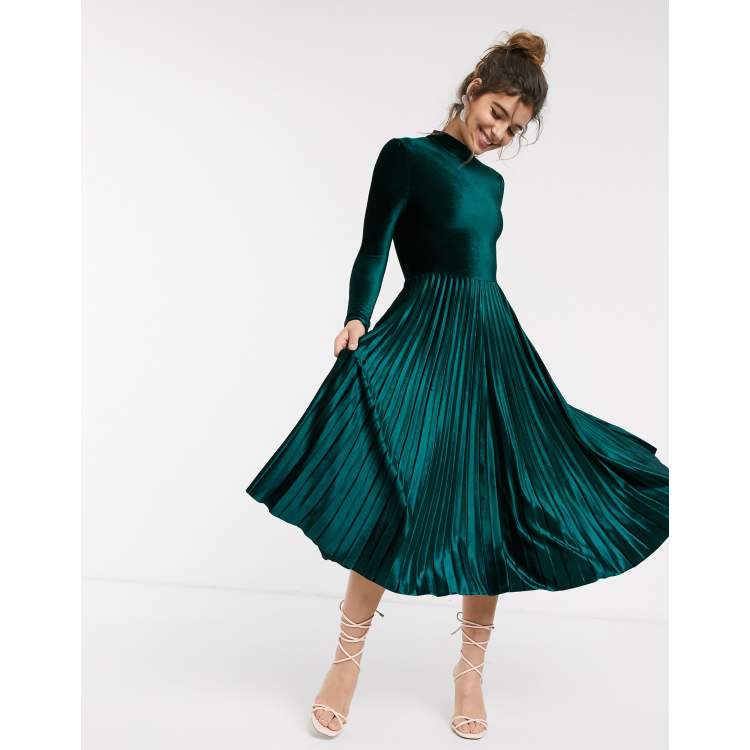 Green velvet pleated on sale dress