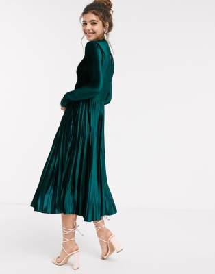 pleated midi dress green