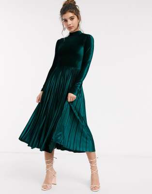 pleated velvet midi dress