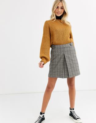 Oasis pleated mini skirt with buttons in check-Multi