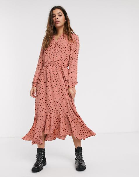Oasis polka dot midi shirt dress in pink