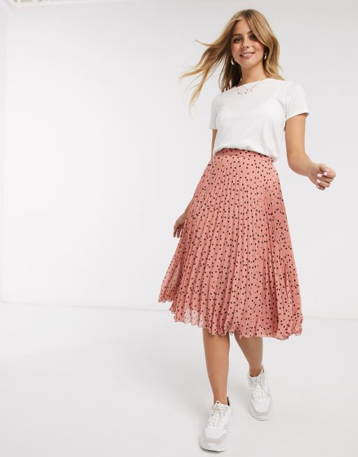 Oasis Polka Dot Pleated Midi Skirt In Pink