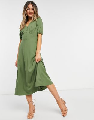 Oasis puff sleeve midi dress in khaki 