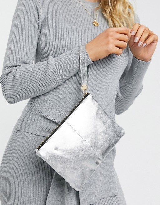 Oasis real leather pouch in silver