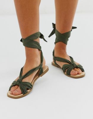 Oasis ribbon tie flat sandals in green 