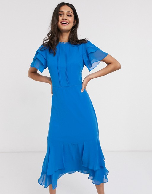 Oasis ruffle sleeve midi dress in blue