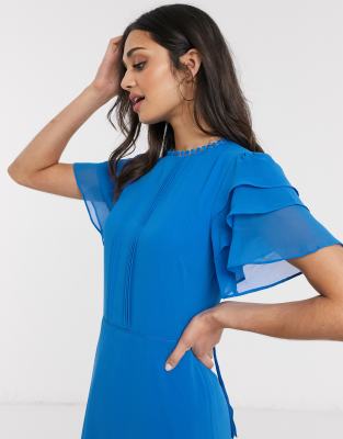 blue ruffle sleeve dress