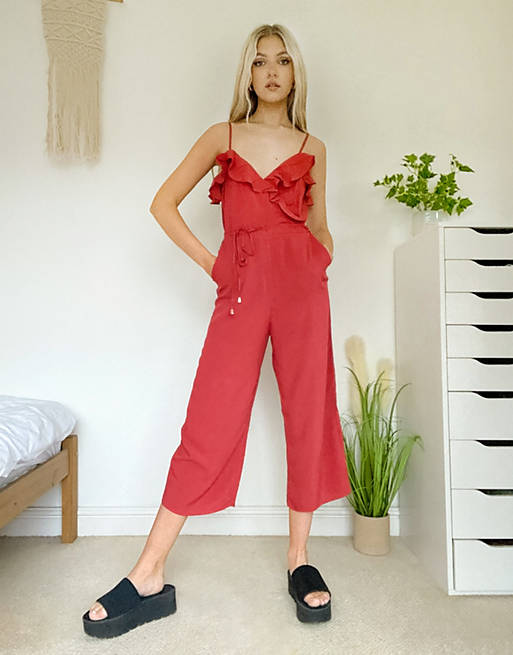 Oasis ruffle tie back jumpsuit in red