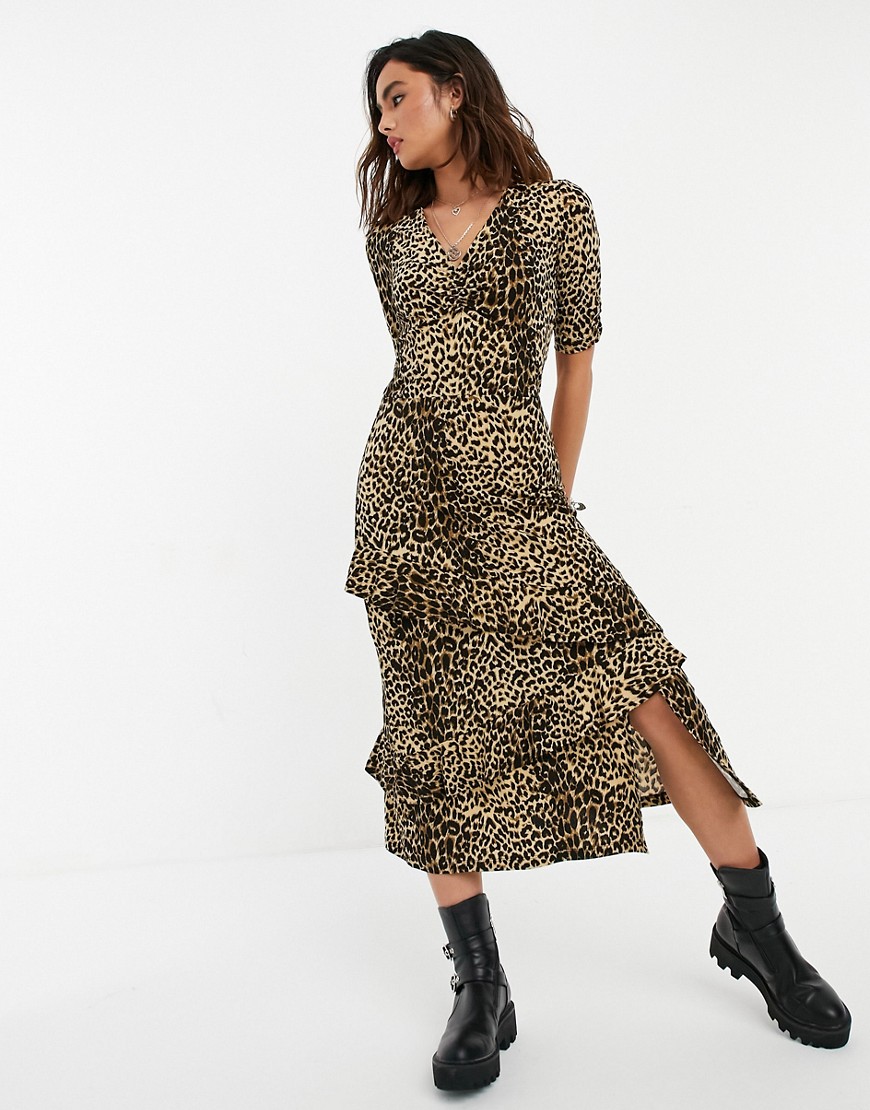 Oasis ruffle tiered midi dress in animal-Multi