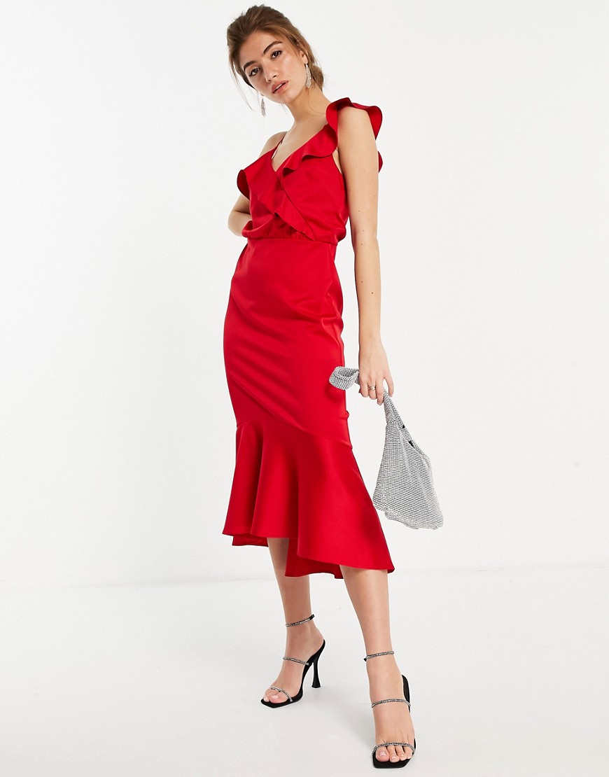 Oasis satin dress with fishtail in red